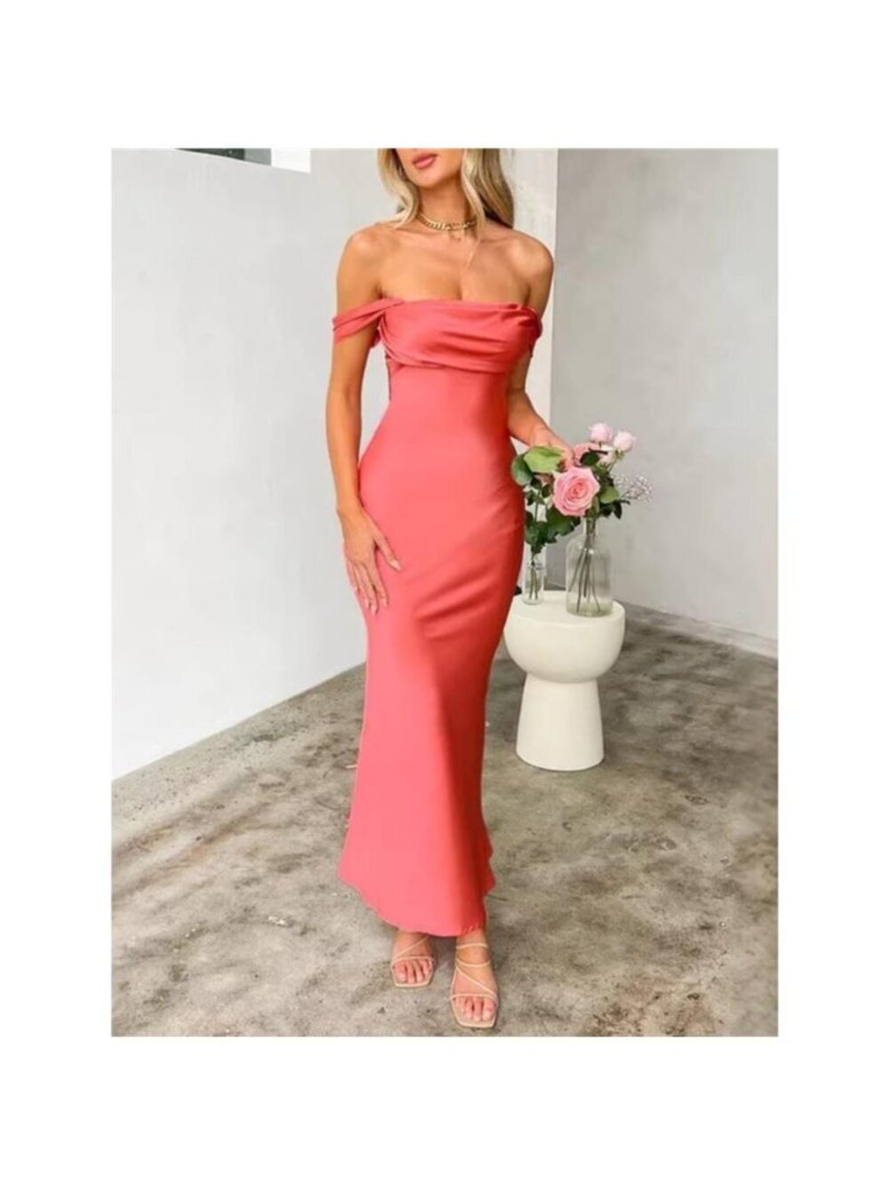 Off-Shoulder Satin Maxi Dress